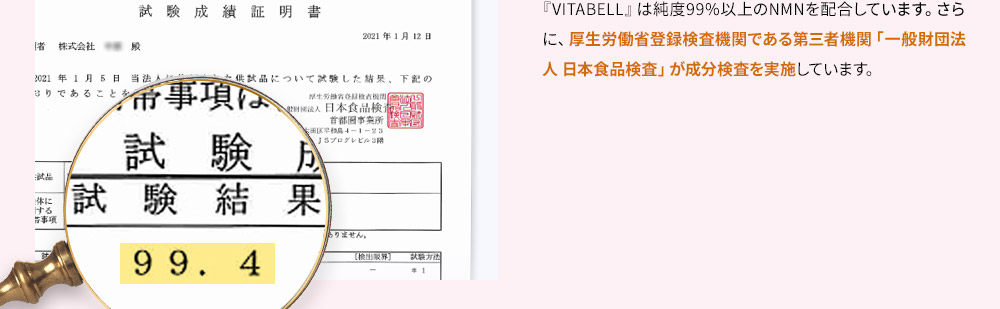 『VITABELL』は純度99%以上のNMNを配合しています。さらに、厚生労働省登録検査機関である第三者機関「一般財団法人 日本食品検査」が成分検査を実施しています。