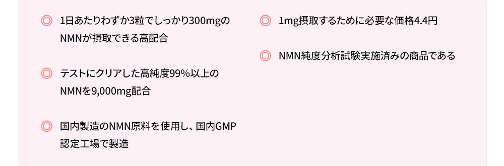 1日あたりわずか3粒でしっかり300mgのNMNが摂取できる高配合1mg摂取するために必要な価格4.4円テストにクリアした高純度99%以上のNMNを9,000mg配合NMN純度分析試験実施済みの商品である国内製造のNMN原料を使用し、国内GMP認定工場で製造