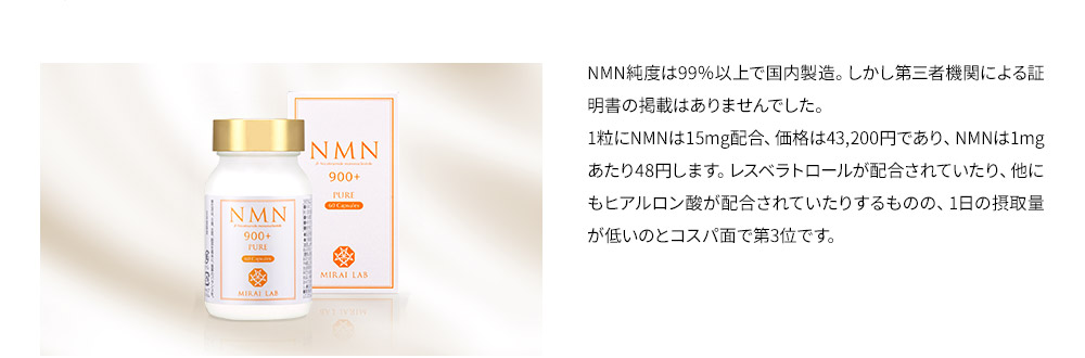 NMN純度は99％以上で国内製造。しかし第三者機関による証明書の掲載はありませんでした。1粒にNMNは15mg配合、価格は43,200円であり、NMNは1mgあたり48円します。レスベラトロールが配合されていたり、他にもヒアルロン酸が配合されていたりするものの、1日の摂取量が低いのとコスパ面で第3位です。